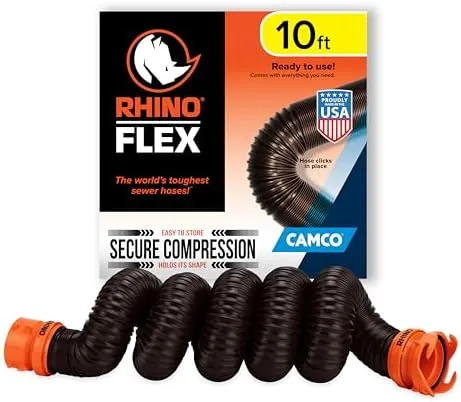 Camco RhinoFLEX 10-foot RV Sewer Hose Extension - Features Collapsible Design for RV Storage - Includes Pre-Attached Lug & Bayonet Fitting -Heavy Duty Polyolefin & Reinforced w/Steel Wire (39774)