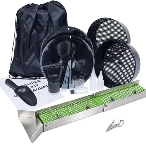 18pc Gold Panning Kit with Mini Folding Sluice Box, Complete Gold Panning Equipment Set for Adults, Aluminum Prospecting Kit with Pans, Classifier, Magnet, Backpack & Accessories for Beginners